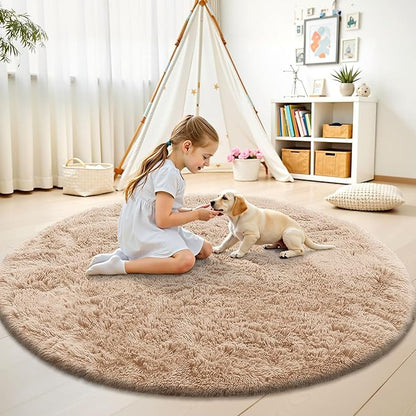 OLANLY Beige Round Rugs for Bedroom - Machine Washable, 4 ft Circle Area Rugs for Living Room, Soft and Fluffy Shaggy Carpet for Teen Girls and Boys, Nursery Rooms, Dorms, Home Decor Aesthetic