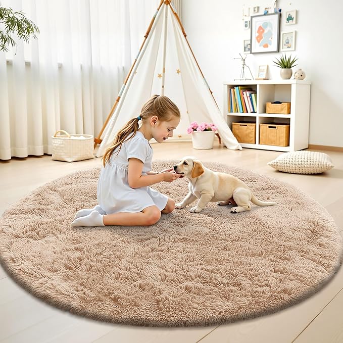 OLANLY Beige Round Rugs for Bedroom - Machine Washable, 5 ft Circle Area Rugs for Living Room, Soft and Fluffy Shaggy Carpet for Teen Girls and Boys, Nursery Rooms, Dorms, Home Decor Aesthetic