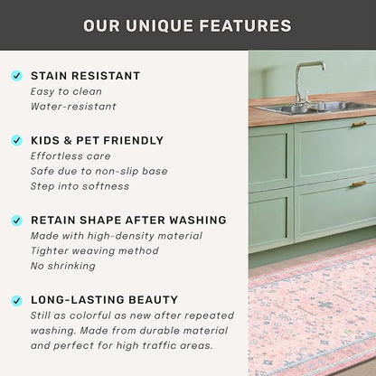 Washable Pink and Blue 9x12 Oushak Rugs for Living Room Rug Bedroom Girls, Modern Floral Aethestic Distressed Design, Soft Faux Wool Low Pile Non Slip Stain Resistance Carpet