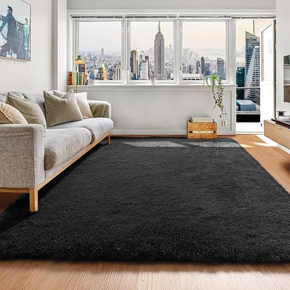 ONASAR Black Area Rugs for Bedroom Living Room, Fluffy Fuzzy Shaggy 4x6 Bedside Rug, Soft Plush Modern Indoor Floor Carpet for Nursery Kids Girls Boys Teen Dorm Home Office Decor Aesthetic