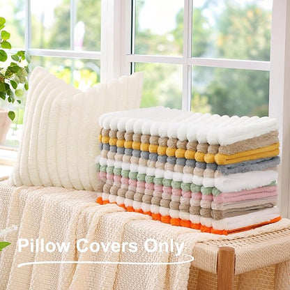 decorUhome Summer Cozy Faux Fur Throw Pillow Covers 26x26 Set of 2 Decorative Plush Striped Modern Farmhouse Boho Couch Euro Sham Pillow Cases with Velvet Back for Sofa Bed Living Room, Cream White