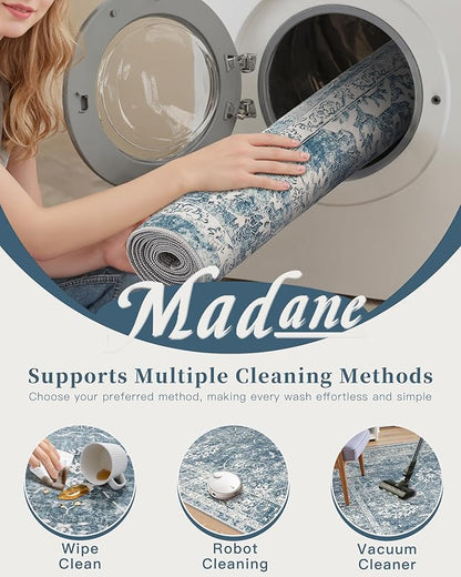 Madane 8x10 Area Rugs for Living Room, Machine Washable Vintage Rug with Non-Slip Backing, Soft Floral Print Large Throw Rugs, Thin Carpet for Bedroom Dining Room Farmhouse (8 x 10, Cadet Blue)