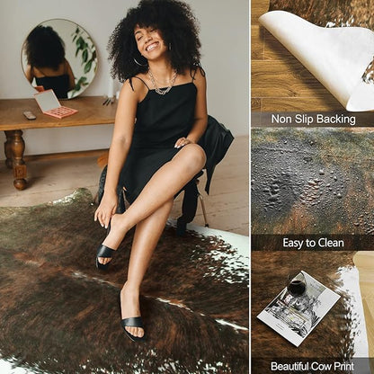 AROGAN Premium Faux Animal Rug, Sturdy and Large Size Animal Print Rugs, Suitable for Bedroom Living Room Western Decor, Faux Fur Animal Cow Hide Carpet, Saddle Brown Cowhide，5.2 x 6.2 Feet