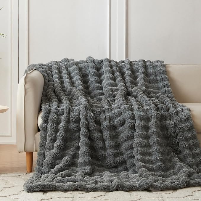COOVA Faux Fur Throw Blanket for Couch, Cozy Soft and Fuzzy Plush Rabbit Fur Bubble Blanket for Sofa Bedroom Living Room, 60x80 Inches Cationic Light Grey