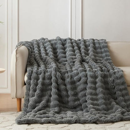 COOVA Faux Fur Throw Blanket for Couch, Cozy Soft and Fuzzy Plush Rabbit Fur Bubble Blanket for Sofa Bedroom Living Room, 60x80 Inches Cationic Light Grey