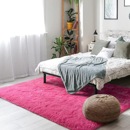 Amearea Premium Soft Area Rug 4x5.3 Feet, Pink Rugs for Living Room, Fluffy Carpet for Bedroom Nursery Playroom Teen Bedside Home Decor, Comfortable Indoor Furry Dorm Carpets, Hot Pink
