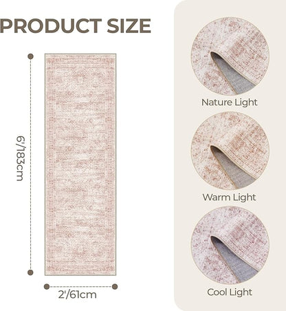 Washable Runner Rugs for Bedroom - 2x6 Runner Rug Non Slip, Ultra-Thin Entryway Runner, Soft Abstract Kitchen Runner for Hallway, Laundry, Bathroom, Indoor Door Mat(2'x6', Pink/Ivory)