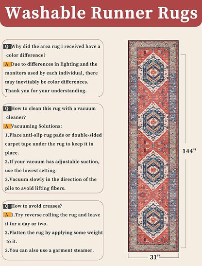 SERISSA Runner Rug for Hallways, 2'6"x12' Washable Non Slip Kitchen Runner Rug, Extra Long Boho Rug Ultra Soft Vintage Rust Print Floor Carpet for Bedroom Hallway Entryway Bathroom Laundry Room