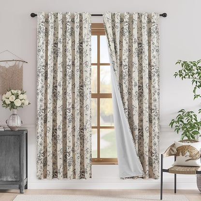 jinchan Blackout Floral Curtains for Living Room Bedroom Linen Blend Curtain Farmhouse Black Printed with Lined Back Tab Rod Pocket Drapes Window Treatments 2 Panels 72 Inch