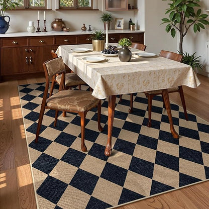 Lahome Colette Checkered Easy Jute Patio Rug, 6x9 Washable Indoor Outdoor Rug, Farmhouse Neutral Non Slip Non Shedding Low Pile Floor Carpet for Deck Living Dining Room Office Mudroom