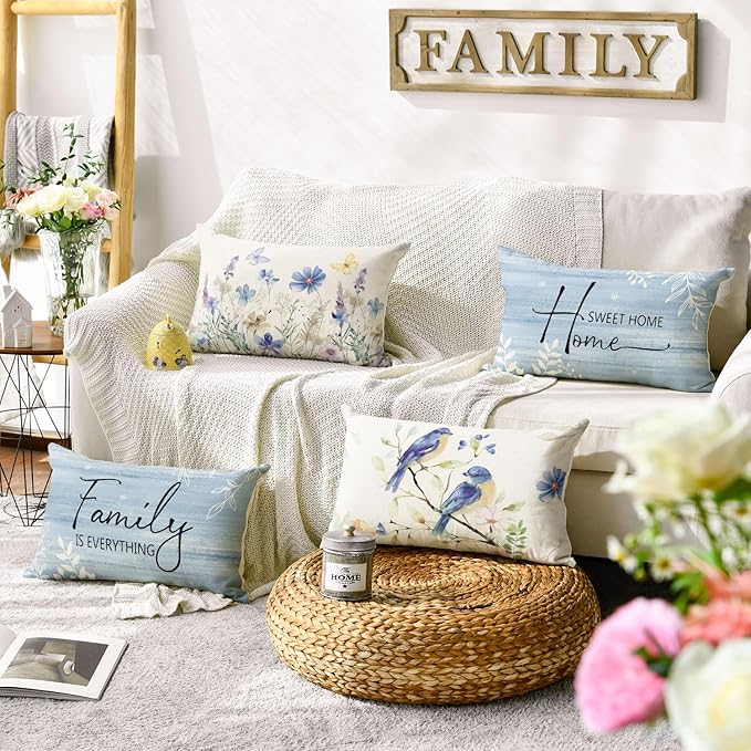 AVOIN colorlife Spring Saying Flowers Butterfly Bird Throw Pillow Covers, 12 x 20 Inch Home Sweet Home Blue Cushion Case for Sofa Couch Set of 4
