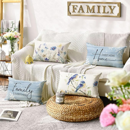 AVOIN colorlife Spring Saying Flowers Butterfly Bird Throw Pillow Covers, 12 x 20 Inch Home Sweet Home Blue Cushion Case for Sofa Couch Set of 4