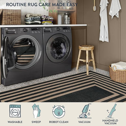 Lahome Enfys Modern Geometric Easy Jute Outdoor Rug, 5x7 Patio Living Room Rug Large Black Carpet for Bedroom, Farmhouse Washable Indoor Outdoor Carpet for Dining Room Backyard Deck