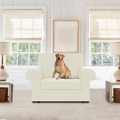 WEERRW Stretch Chair Sofa Slipcover - 2 Pieces Luxury Soft Plush Couch Cover Furniture Protector with Elastic Bottom for Pets, Machine Washable, Ivory, Small