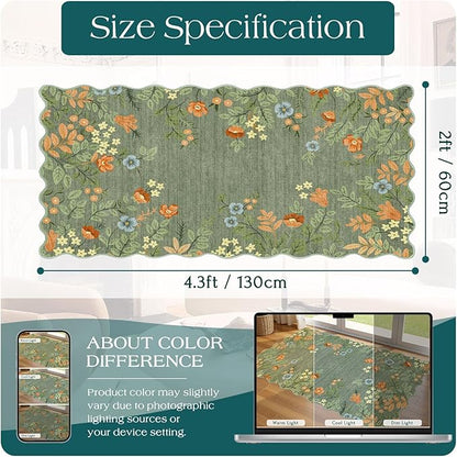 Front Door Mat Indoor Entrance - 2x4.3 Ft Sage Green Floral Washable Layered Doormat Outdoor Entrance Porch Rug Non-Slip Boho Runner Rug for Kitchen Hallway Bedroom Laundry Room Porch Decor