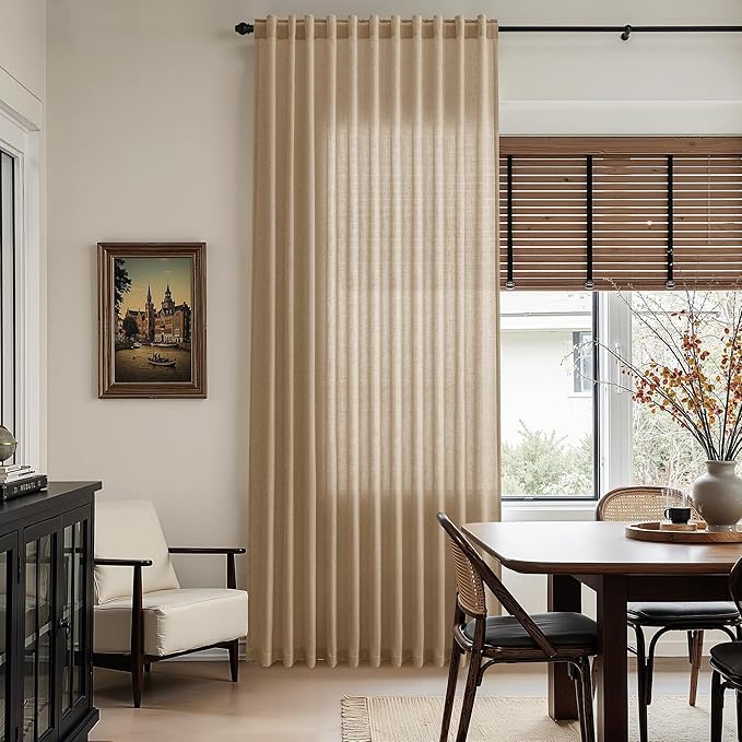 Sand Beige Linen 112 Inch Curtains for Living Room Simple Modern Light Filtering Semi Sheer Curtain Back Tab Rustic Luxury Home Decor Drapes Floor to Ceiling High Window for Bedroom 52x112, 2 Panels