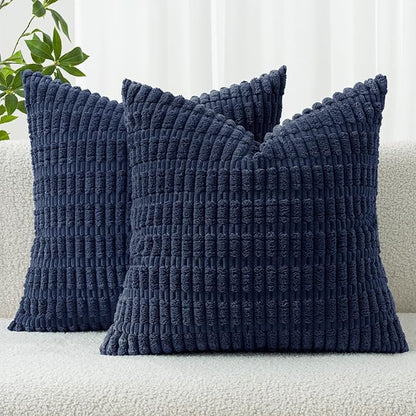MIULEE Pack of 2 Corduroy Decorative Euro Sham Throw Pillow Covers 26x26 Inch Soft Boho Striped Pillow Covers Modern Farmhouse Home Decor for Summer Coastal Sofa Living Room Couch Bed Dark Blue