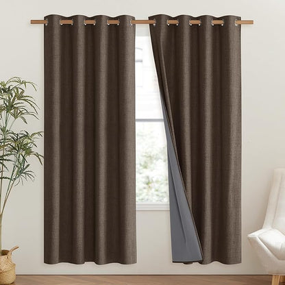 NICETOWN Coffee Vintage Linen 100% Blackout Curtains for Living Room, Thermal Insulated Curtains 72" Long, Noise Reducing Window Treatment Drapes for Hall Room, 52" Wide Per Panel, Set of 2