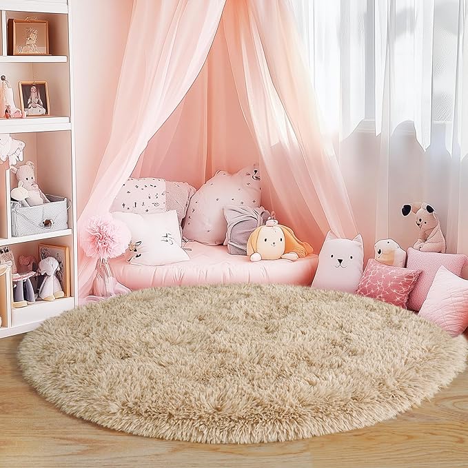 3'x3' Beige Round Rug for Bedroom, Ultra Soft Fluffy Circle Rug for Kids Girls Boys Room, Cute Small Shag Rugs for Living Room Playroom Tent Castle Home Decor Rug