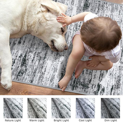 Lansny Modern Abstract Runner Rug 2.6x16, Black Grey White Washable Long Kitchen Runner Non-Slip Soft Hallway Rug Runner Thin Print Faux Wool Carpet for Entryway Bedroom Laundry Room Indoor Home Decor