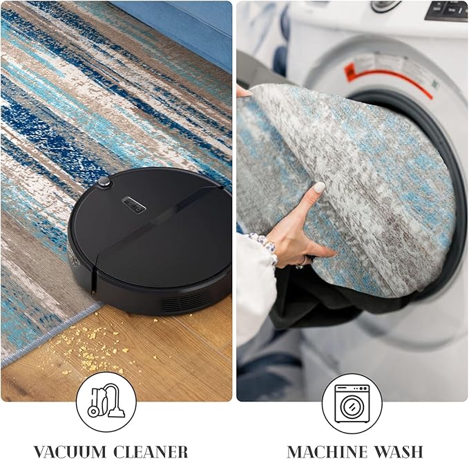 Lansny Modern Abstract 8x10 Large Machine Washable Living Room Rug Non-Slip Soft Bedroom Area Rug Blue Ultra Thin Print Faux Wool Carpet Throw Rugs for Nursery Playroom Dining Room Indoor Office