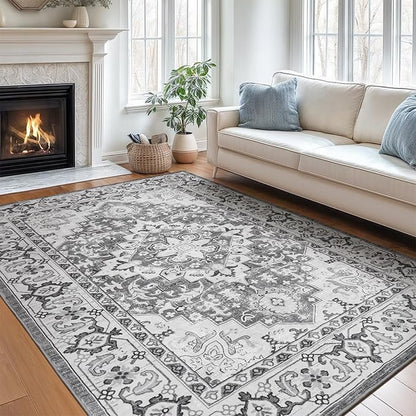 Lofus 5x7 Area Rugs for Living Room, Washable Area Rug, Rugs for Bedroom, Kitchen, Vintage Boho Carpet, Soft Non-Slip, Low Pile Large Area Rug for Office Dining Room, Floral Grey