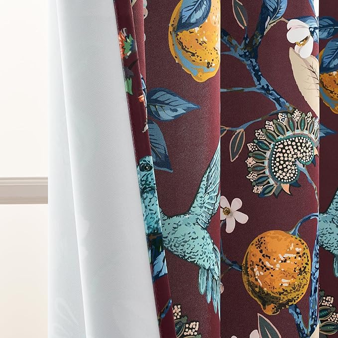 Topfinel Rust Boho Floral Curtains 72 Inches Long French Country Grommet Botanical Hummingbird Woodland Patterned Lemon Drapes for Bedroom Dining Living Room