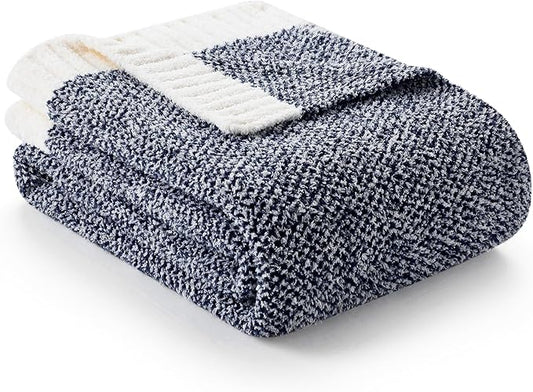 Snuggle Sac Super Soft & Reversible Heather Navy Throw - Oversized Cozy Knit Blanket for Bed, Sofa, Living Room, Twin Size (60x80 Inches)