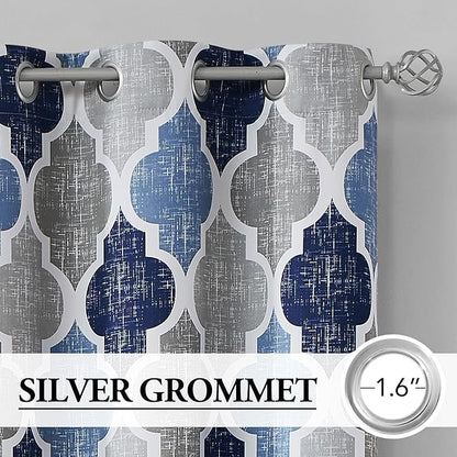 Beauoop 100% Blackout Curtains 96 Inches Long 2 Panels for Bedroom Living Room Blue Grey Moroccan Geo Room Darkening Thermal Insulated Soundproof Grommet Top Window Treatments Drapes, 50x96 Set of 2