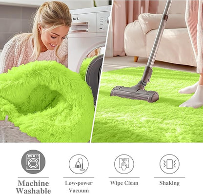OLANLY Lime Green Round Rugs for Bedroom - Machine Washable, 2 ft Circle Area Rugs for Living Room, Soft and Fluffy Shaggy Carpet for Teen Girl and Boys, Nursery Rooms, Dorms, Home Decor Aesthetic