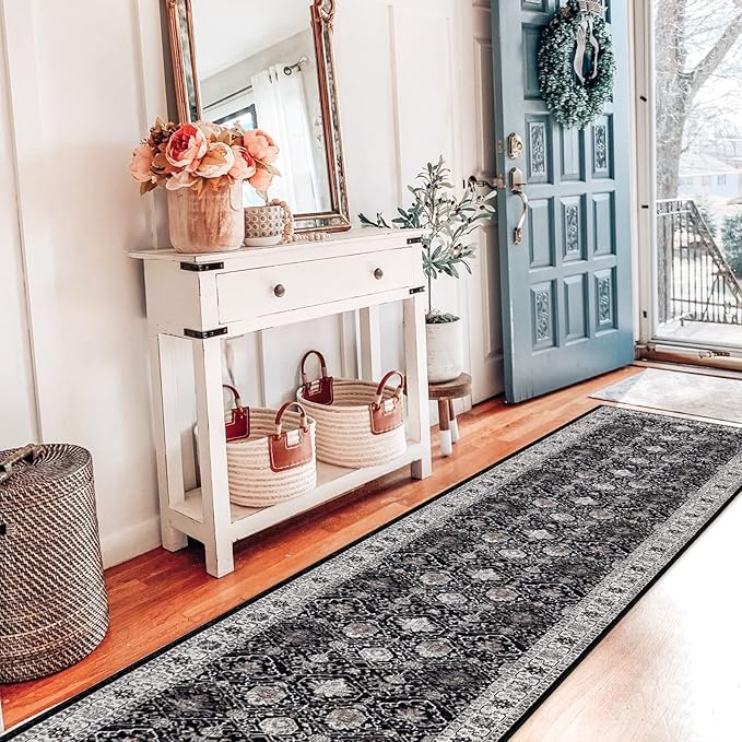 Hallway Washable Runner Rug - 2x10 Kitchen Rugs Entryway Rug Runner Vintage Soft Floor Mat Non Slip Indoor Farmhouse Carpet for Bathroom Living Room Bedroom(2 X 10, Black)