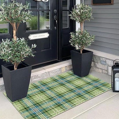 Front Door Mat Indoor Entrance - 2x4.3 Ft Buffalo Washable Layered Doormat Outdoor Entrance Porch Rug Non-Slip Green Teal Plaid Tartan Runner Rug for Kitchen Bedroom Laundry Room Porch Decor