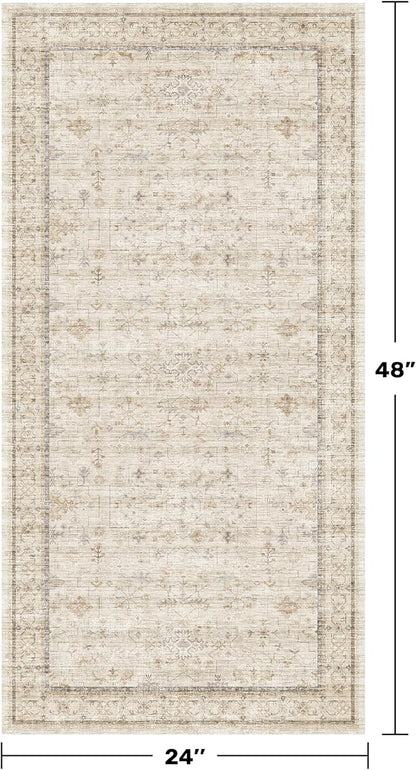 Washable 2x4 Beige Bathroom Rugs, Farmhouse Small Rugs for Entryway, Geometric Floral Design Non Slip Kitchen Floor Mats, Modern Home Décor, Low Pile & Soft Stain Resistant Carpet