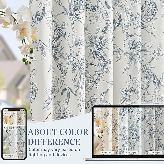 jinchan Floral Curtains 90 Inch Length Blue Flower Linen Farmhouse Curtain for Living Room French Country Vintage Curtain Rod Pocket Curtains Set 2 Panels Blue Floral Printed