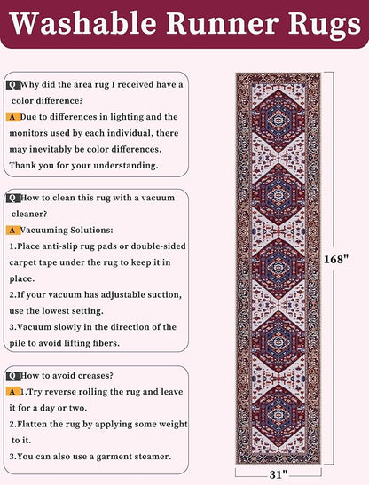 SERISSA Runner Rug for Hallways, 2'6"x14' Washable Non Slip Runner Rug, Extra Long Boho Rug Ultra Soft Vintage Burgundy Navy Print Floor Carpet for Bedroom Hallway Entryway Bathroom Laundry Room