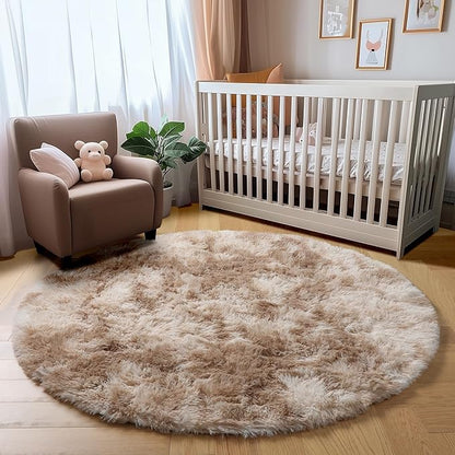 Amdrebio Tie-Dyed Beige Tan Round Area Rug 4Ft for Bedroom, Fluffy Plush Shag Furry Circle Rugs for Kids Room, Living Room Decor Aesthetic, Cute Fuzzy Neutral Carpet for Baby Nursery Playroom Dorm