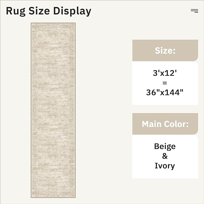 Runner Rug 3x12 Washable Non-Slip Hallway Runner Rugs for Kitchen Bathroom Laundry Room Beige Vintage Floor Carpet Runners for Hallways Entryway