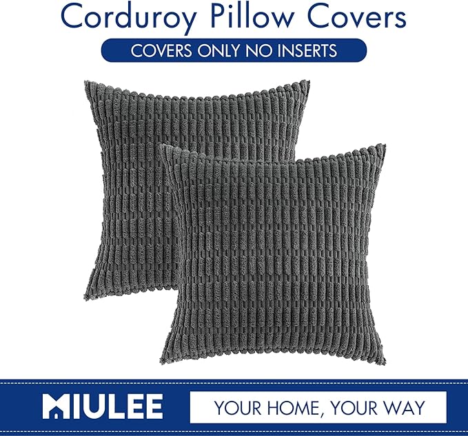 MIULEE Pack of 2 Corduroy Decorative Throw Pillow Covers 16x16 Inch Soft Boho Striped Pillow Covers Modern Farmhouse Home Decor for Sofa Living Room Couch Bed Dark Grey