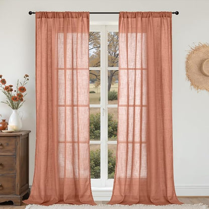 BGment Linen Curtains 84 Inch Length for Living Room, Terracotta Semi Sheer Drapes Rustic Textured for Bedroom Office Decor with Rod Pocket Lightweight,2 Panels Set, Each 42 Inch Wide