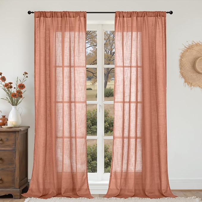 BGment Terracotta Linen Curtains for Living Room 84 Inch Length, Semi Sheer Lightweight Rustic Country Window Drapes Textured for Bedroom Farmhouse Decor Rod Pocket, 2 Panels Set, Each 38 Inch Wide