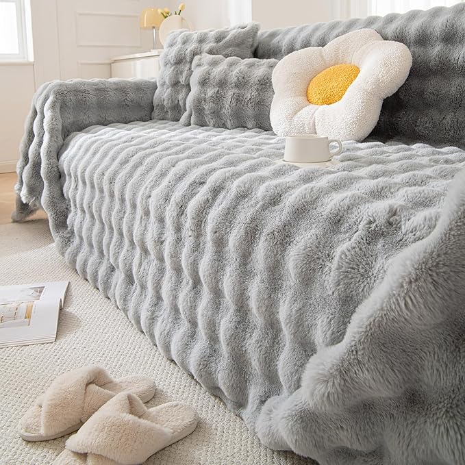 HANDONTIME Grey Plush Sofa Covers Washable Rabbit Plush Couch Cover Soft Cozy Faux Fur Couch Protector for Dogs Fluffy Plush L Shaped Sofa Cover Pet Friendly Couch Protector Furniture, 71" X118"