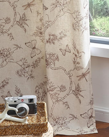 jinchan Floral Linen Curtains for Living Room 84 Inch Length Butterfly Curtain Taupe Floral Curtains French Country Farmhouse Curtain Flower Patterned Drapes Window Treatment Set 2 Panels