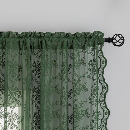 YJ YANJUN Vintage Lace Curtains 63 Inch Length-Victorian Floral Dark Olive Green Sheer Curtains 1 Pair Transparent Voile for Bedroom Kitchen Sunroom Bohemian Christmas Decor Rod Pocket W52 x L63