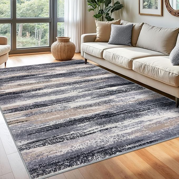Lansny Modern Abstract 6x9 Machine Washable Living Room Rug Non-Slip Soft Bedroom Area Rug Grey Black Multi Ultra Thin Print Faux Wool Floor Carpet Throw Rugs for Nursery Playroom Dining Room Indoor