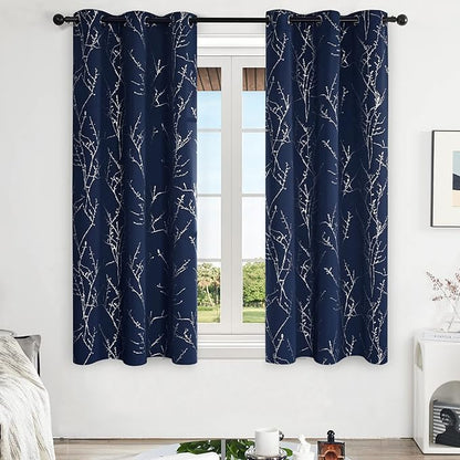 Deconovo Blackout Curtains, Navy Blue Curtain, Thermal Insulated Soundproof Drapes, Branch Silver Print, 42 x 63 Inch Long, Machine Washable Grommet Panels for Bedroom Living Room Office, Set of 2
