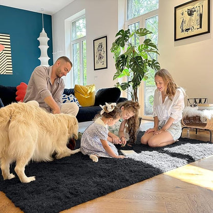 OLANLY 3x3 Machine Washable Small Bedside Rug, Soft Fluffy Shaggy Entryway Throw Rugs for Bedroom, Living Room, Indoor Floor Carpet for Kids Girls and Boys, Nursery Rooms, Home Decor Aesthetic, Black