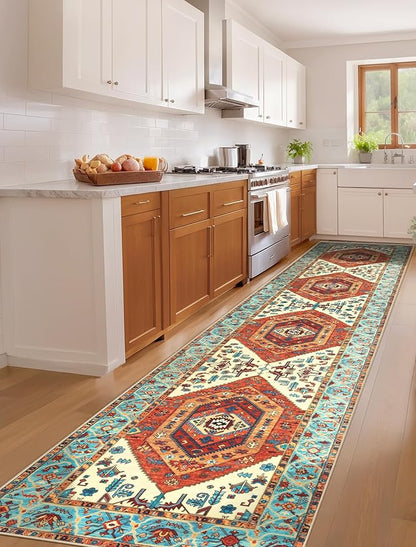 SERISSA Runner Rug for Hallways, 2'6"x12' Washable Non Slip Kitchen Runner Rug, Extra Long Boho Rug Ultra Soft Vintage Orange Print Floor Carpet for Bedroom Hallway Entryway Bathroom Laundry Room