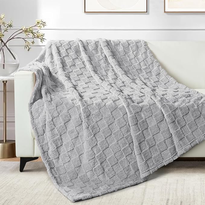 Exclusivo Mezcla Fleece Throw Blanket for Couch,Super Soft and Warm Lightweight Checkered Pattern Blankets for All Seasons, 50x60 Inches, Light Grey