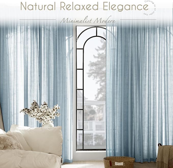 Dusty Blue Linen Curtains for Living Room Back Tab Light Filtering Semi Sheer Light Blue Bedroom Curtain Linen Cotton Textured Grey Blue Drapery Panel Airy Modern Farmhouse Aesthetic Decor 52x120 Long