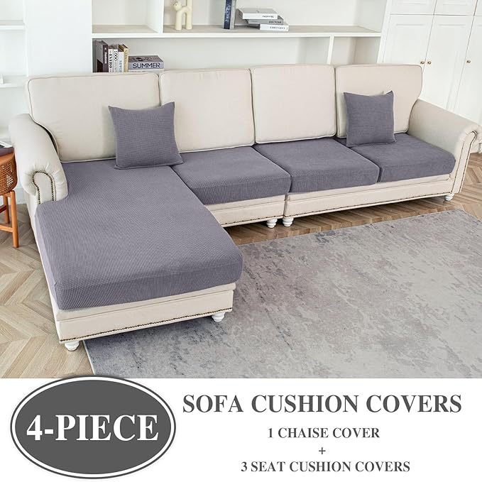 Couch Cushion Covers for Sectional Sofa L Shape Washable Separate Seat Chaise Couch Cover Stretch Sofa Slipcovers with 2 Pcs Pillowcases(3 Seater + 1 Chaise, Light Grey)